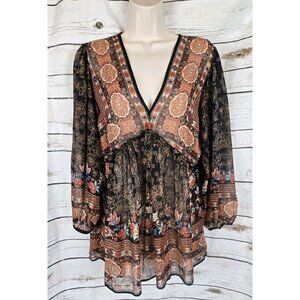 Rose & Olive Blouse Womens L Floral Babydoll Boho Peasant Cottagecore Ruffle